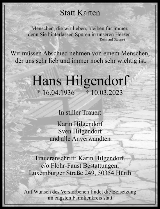 Anzeige von Hans Hilgendorf von  Wochenende 