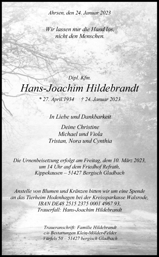 Anzeige von Hans-Joachim Hildebrandt von Kölner Stadt-Anzeiger / Kölnische Rundschau / Express
