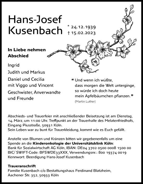 Anzeige von Hans-Josef Kusenbach von Kölner Stadt-Anzeiger / Kölnische Rundschau / Express