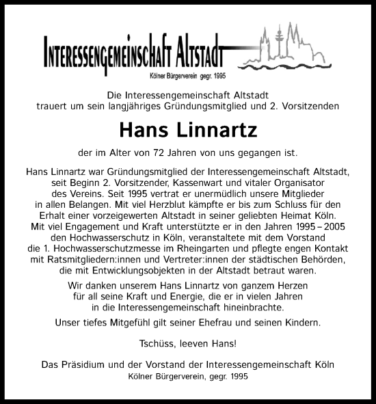 Anzeige von Hans Linnartz von Kölner Stadt-Anzeiger / Kölnische Rundschau / Express