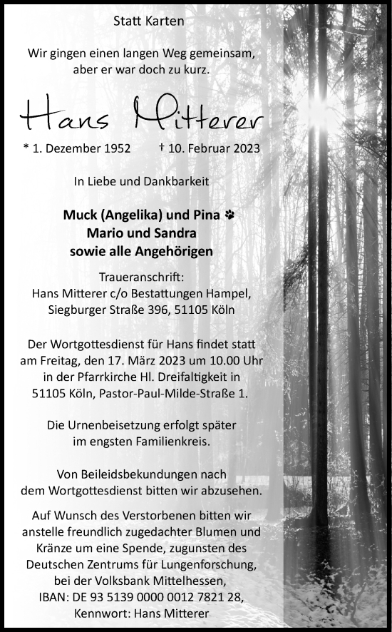 Anzeige von Hans Mitterer von Kölner Stadt-Anzeiger / Kölnische Rundschau / Express