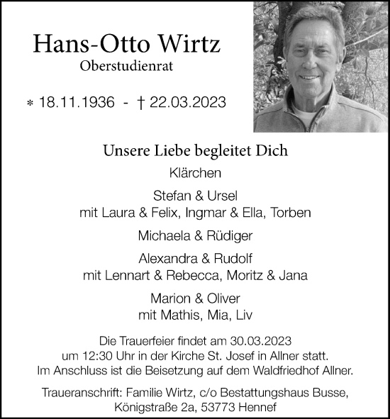 Anzeige von Hans-Otto Wirtz von Kölner Stadt-Anzeiger / Kölnische Rundschau / Express