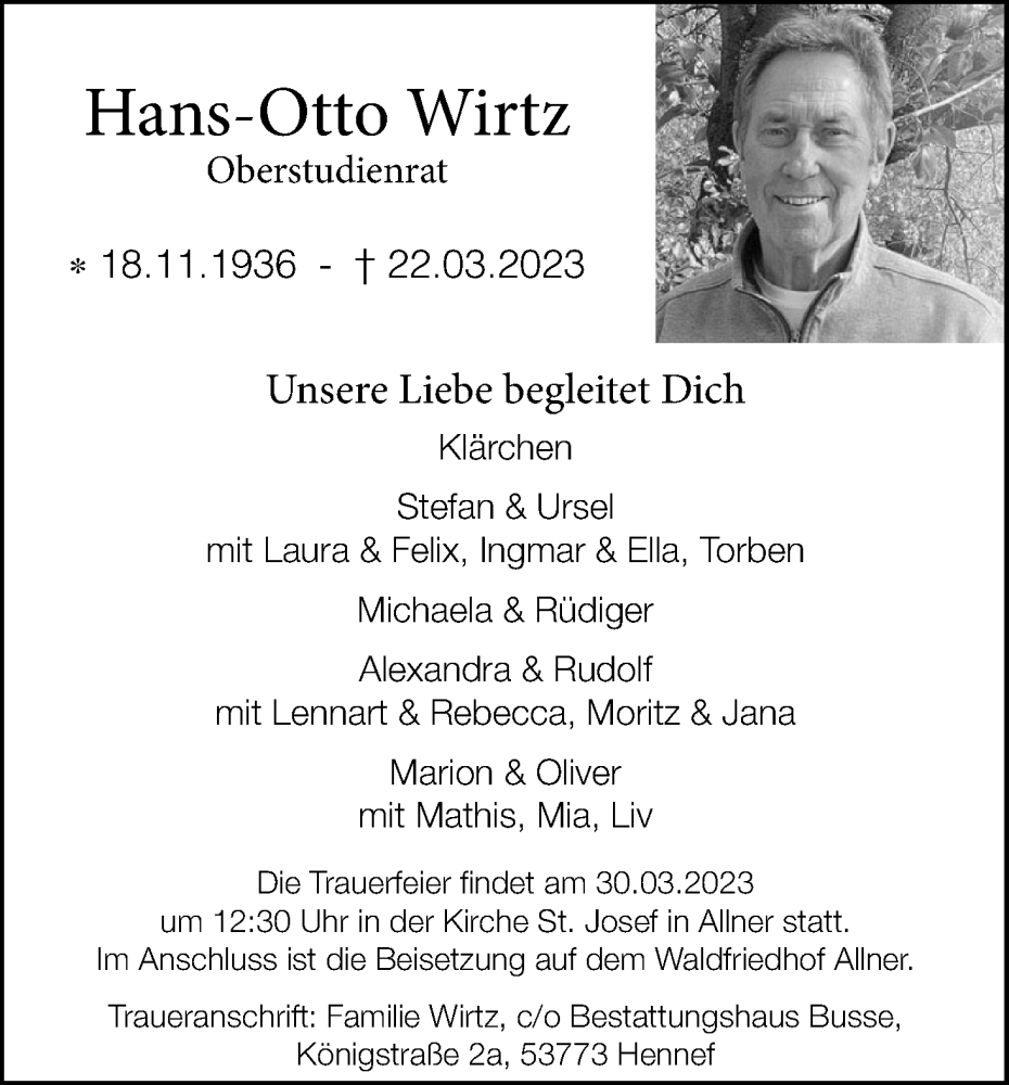  Traueranzeige für Hans-Otto Wirtz vom 25.03.2023 aus Kölner Stadt-Anzeiger / Kölnische Rundschau / Express