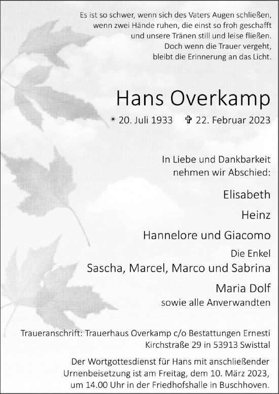 Anzeige von Hans Overkamp von  Schaufenster/Blickpunkt 