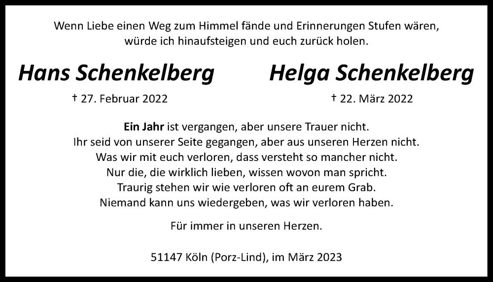  Traueranzeige für Hans Schenkelberg vom 18.07.2023 aus  EXPRESS - Die Woche  Extra Blatt 