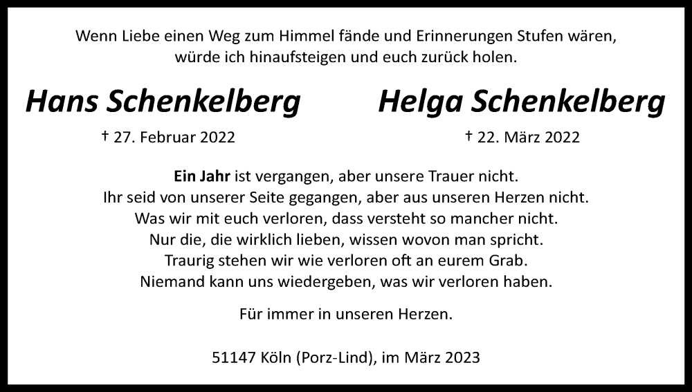 Traueranzeige für Hans Schenkelberg vom 18.07.2023 aus Kölner Stadt-Anzeiger / Kölnische Rundschau / Express