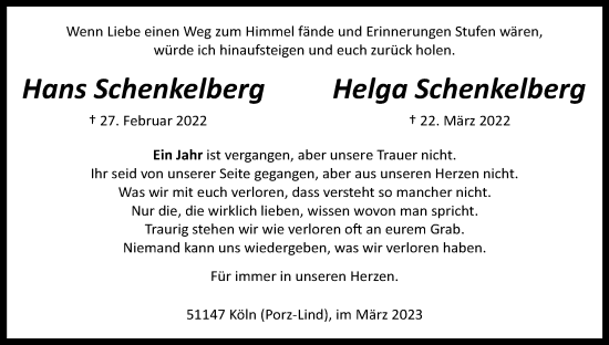 Anzeige von Hans Schenkelberg von Kölner Stadt-Anzeiger / Kölnische Rundschau / Express