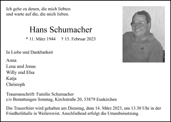 Anzeige von Hans Schumacher von  Blickpunkt Euskirchen 