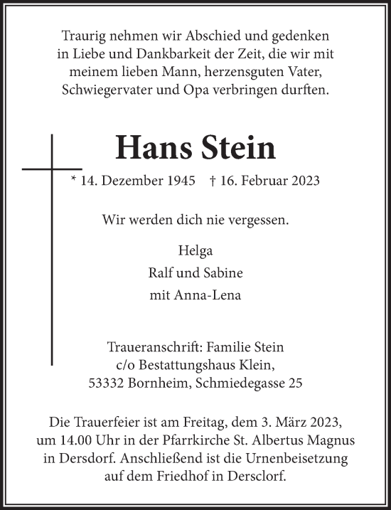 Anzeige von Hans Stein von  Schaufenster/Blickpunkt 