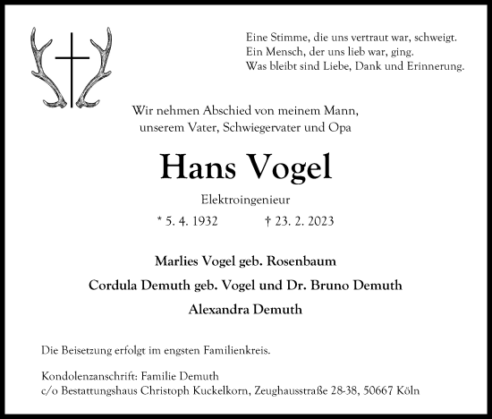 Anzeige von Hans Vogel von Kölner Stadt-Anzeiger / Kölnische Rundschau / Express