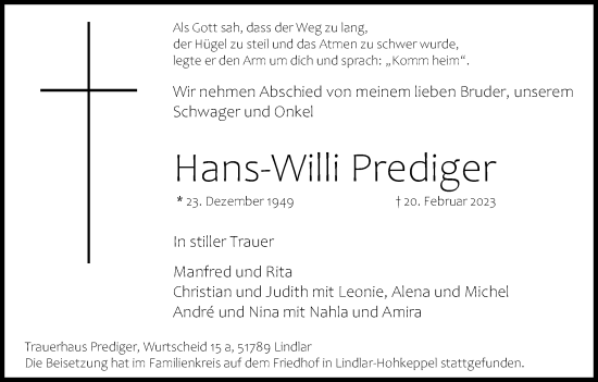 Anzeige von Hans-Willi Prediger von Kölner Stadt-Anzeiger / Kölnische Rundschau / Express