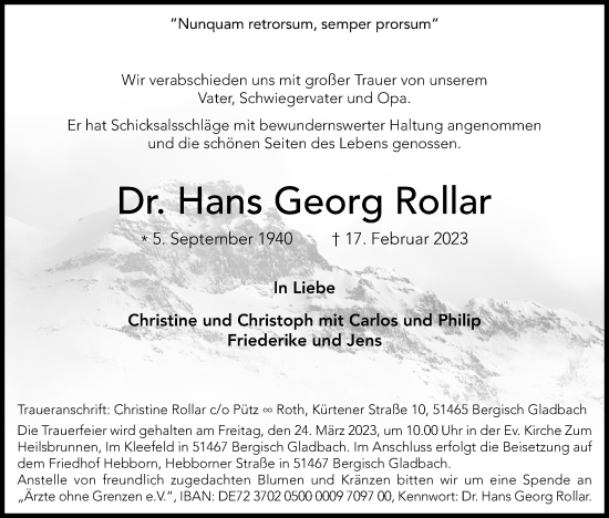 Anzeige von Hans Georg Rollar von Kölner Stadt-Anzeiger / Kölnische Rundschau / Express
