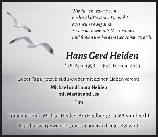 Anzeige von Hans Gerd Heiden von  Lokalanzeiger 