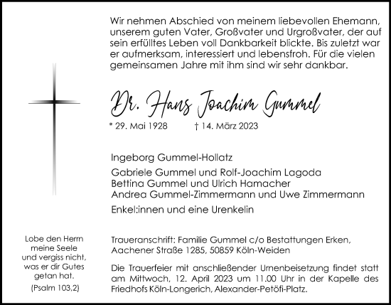 Anzeige von Hans Joachim Gummel von Kölner Stadt-Anzeiger / Kölnische Rundschau / Express