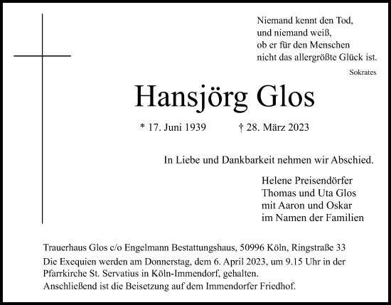 Anzeige von Hansjörg Glos von Kölner Stadt-Anzeiger / Kölnische Rundschau / Express