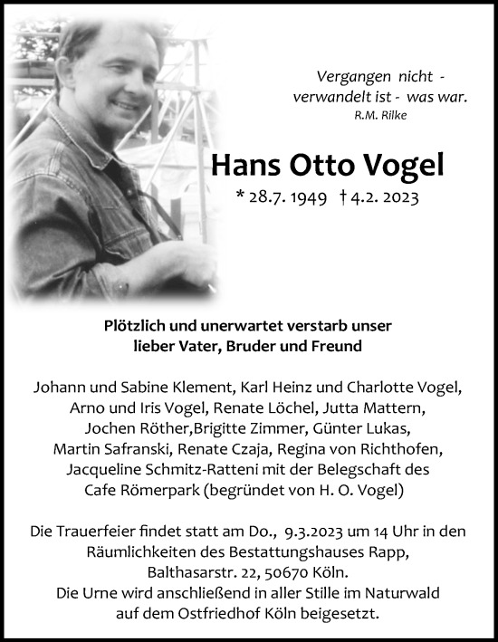 Anzeige von Hans Otto Vogel von Kölner Stadt-Anzeiger / Kölnische Rundschau / Express