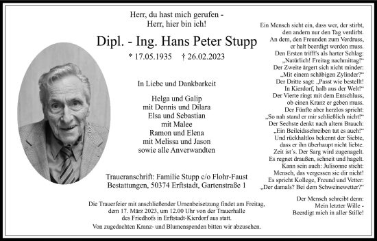 Anzeige von Hans Peter Stupp von  Werbepost 