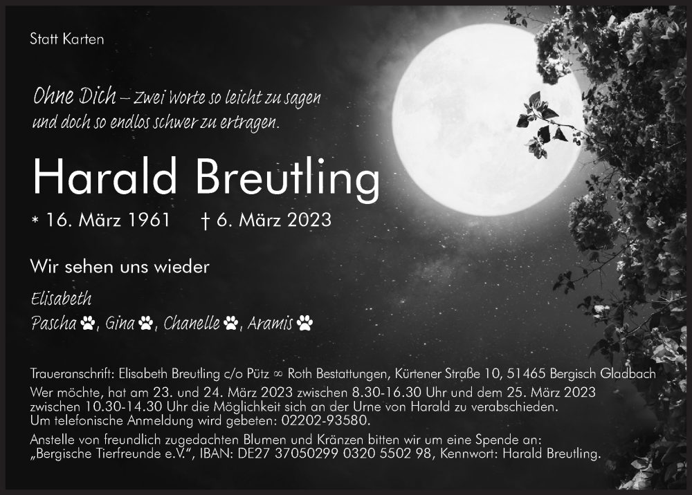  Traueranzeige für Harald Breutling vom 17.03.2023 aus  Bergisches Handelsblatt 