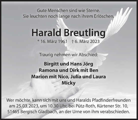 Anzeige von Harald Breutling von  Bergisches Handelsblatt 