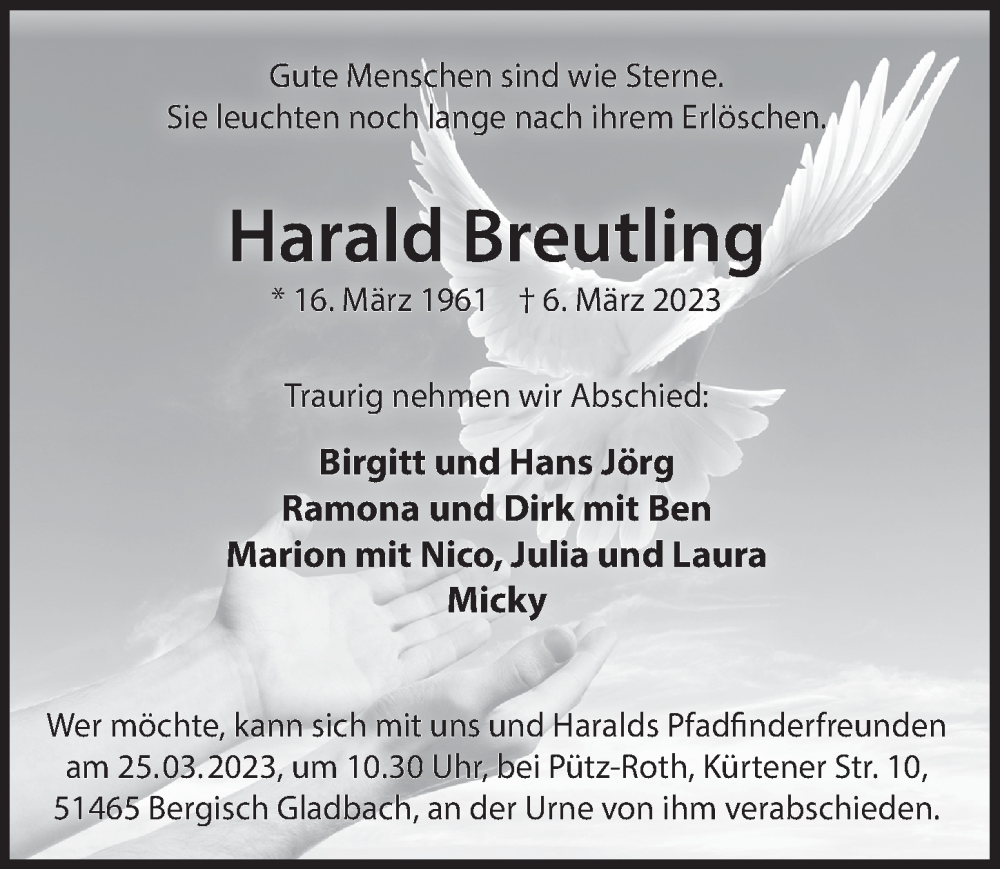  Traueranzeige für Harald Breutling vom 17.03.2023 aus  Bergisches Handelsblatt 