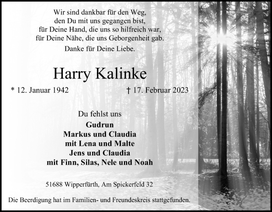 Anzeige von Harry Kalinke von Kölner Stadt-Anzeiger / Kölnische Rundschau / Express
