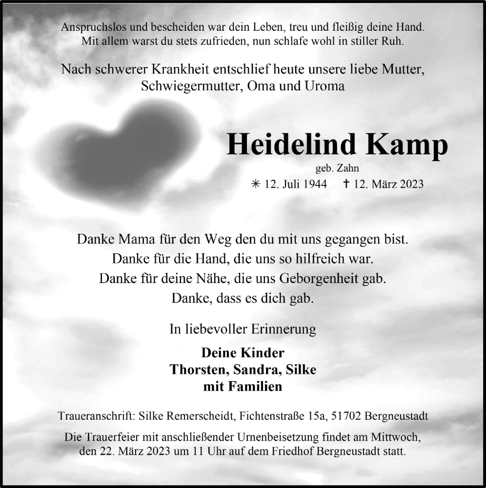  Traueranzeige für Heidelind Kamp vom 17.03.2023 aus  Anzeigen Echo 