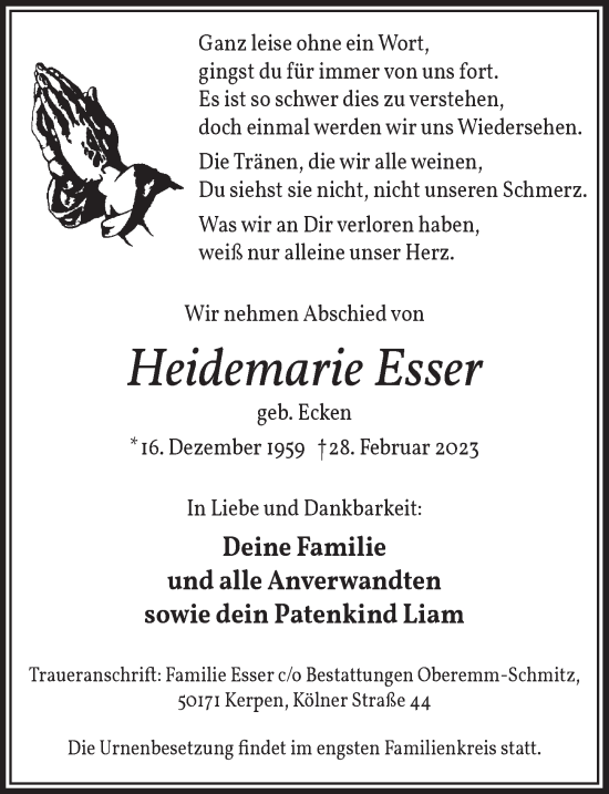 Anzeige von Heidemarie Esser von  Werbepost 