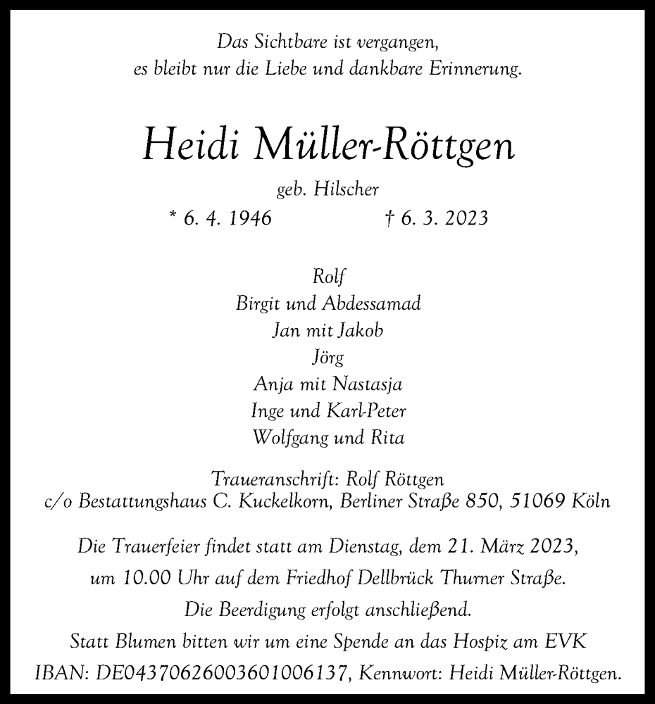  Traueranzeige für Heidi Müller-Röttgen vom 11.03.2023 aus Kölner Stadt-Anzeiger / Kölnische Rundschau / Express