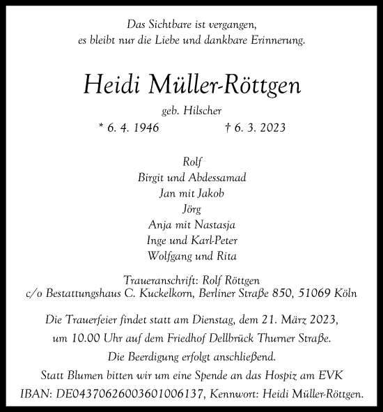 Anzeige von Heidi Müller-Röttgen von Kölner Stadt-Anzeiger / Kölnische Rundschau / Express