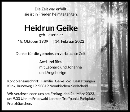 Anzeige von Heidrun Geike von Kölner Stadt-Anzeiger / Kölnische Rundschau / Express