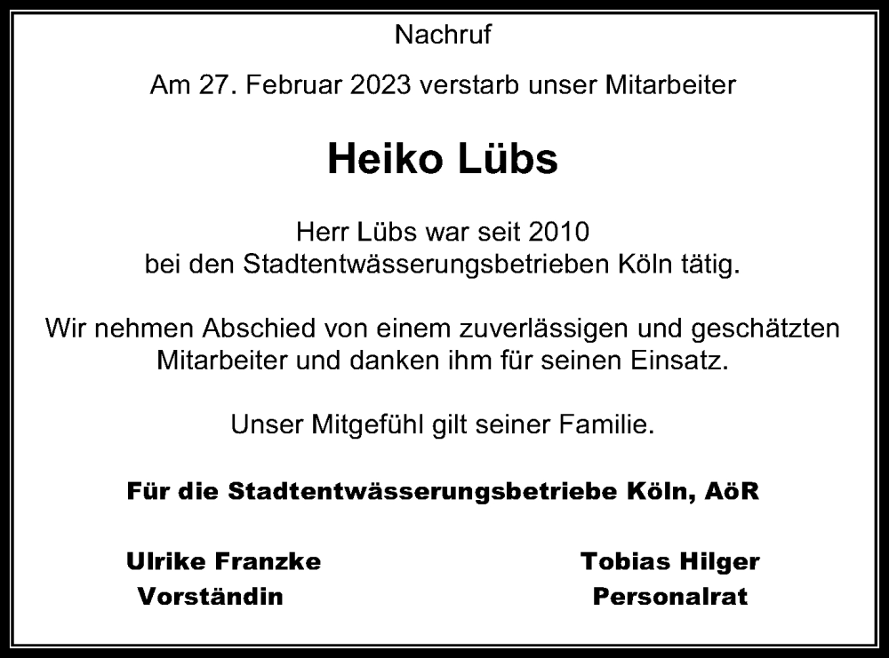  Traueranzeige für Heiko Lübs vom 18.03.2023 aus Kölner Stadt-Anzeiger / Kölnische Rundschau / Express