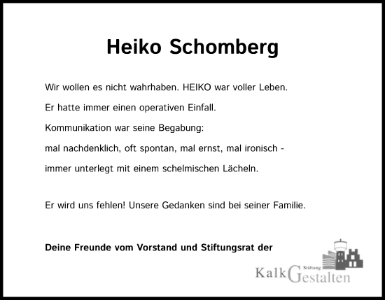 Anzeige von Heiko Schomberg von Kölner Stadt-Anzeiger / Kölnische Rundschau / Express