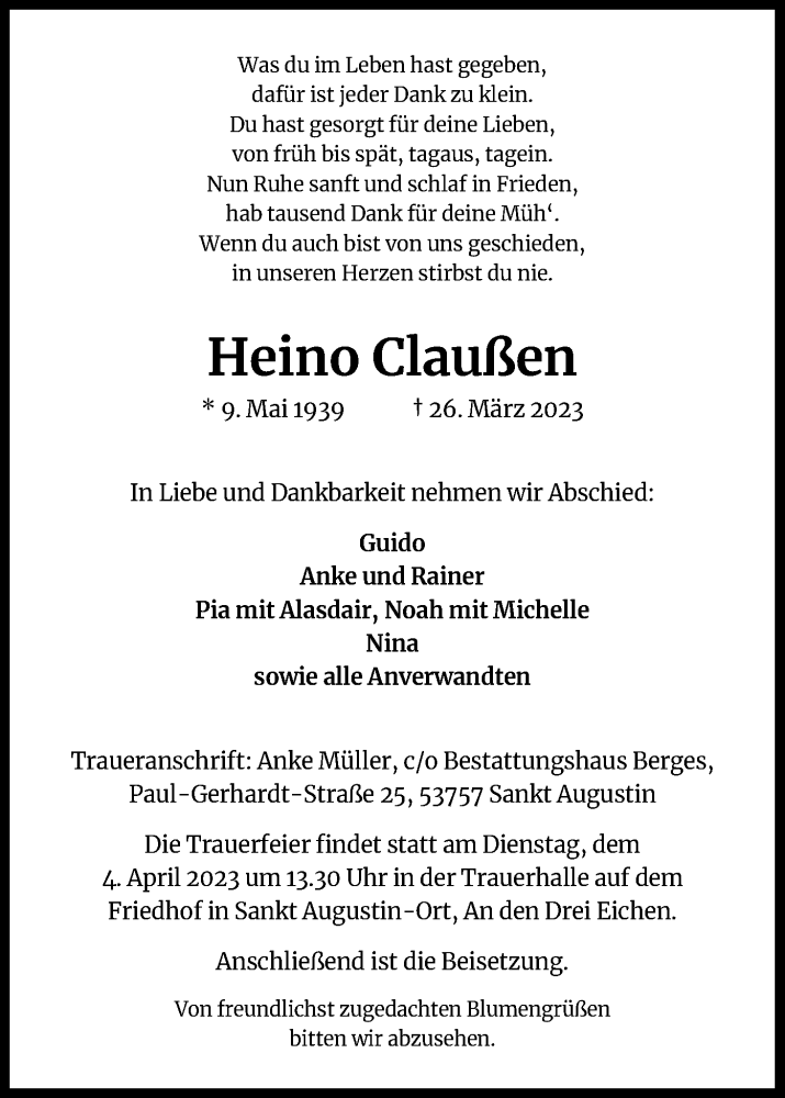  Traueranzeige für Heino Claußen vom 29.03.2023 aus Kölner Stadt-Anzeiger / Kölnische Rundschau / Express
