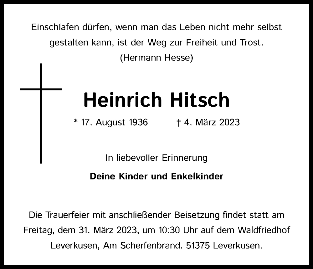  Traueranzeige für Heinrich Hitsch vom 25.03.2023 aus Kölner Stadt-Anzeiger / Kölnische Rundschau / Express