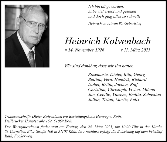 Anzeige von Heinrich Kolvenbach von Kölner Stadt-Anzeiger / Kölnische Rundschau / Express