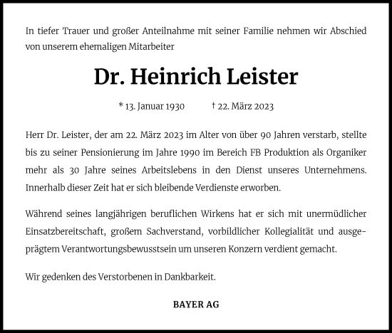 Anzeige von Heinrich Leister von Kölner Stadt-Anzeiger / Kölnische Rundschau / Express