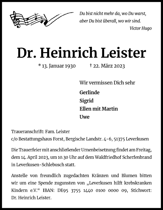 Anzeige von Heinrich Leister von Kölner Stadt-Anzeiger / Kölnische Rundschau / Express