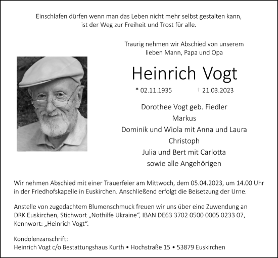 Anzeige von Heinrich Vogt von  Blickpunkt Euskirchen 