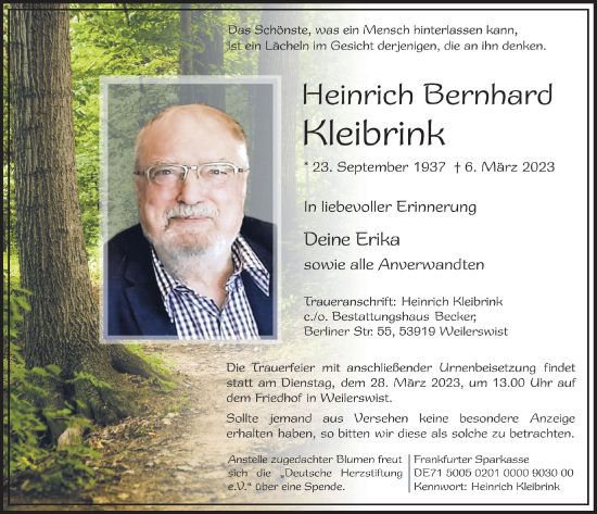 Anzeige von Heinrich Bernhard Kleibrink von  Blickpunkt Euskirchen 