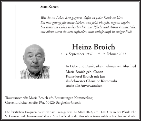 Anzeige von Heinz Broich von  Werbepost 