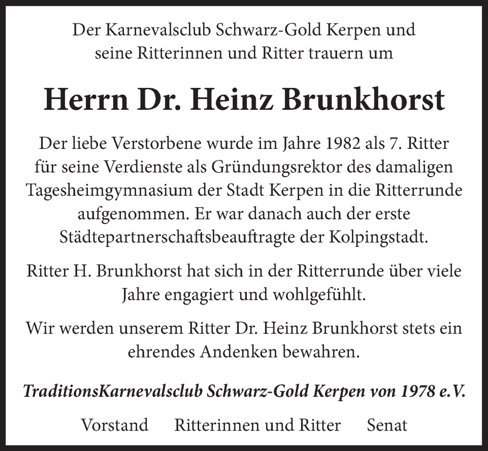  Traueranzeige für Heinz Brunkhorst vom 03.03.2023 aus  Werbepost 