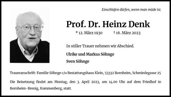 Anzeige von Heinz Denk von Kölner Stadt-Anzeiger / Kölnische Rundschau / Express