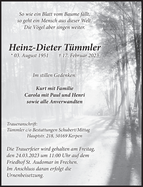 Anzeige von Heinz-Dieter Tümmler von  Wochenende 