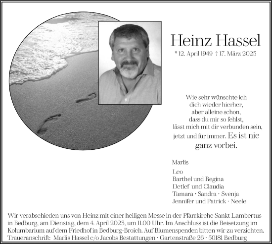 Anzeige von Heinz Hassel von  Werbepost 