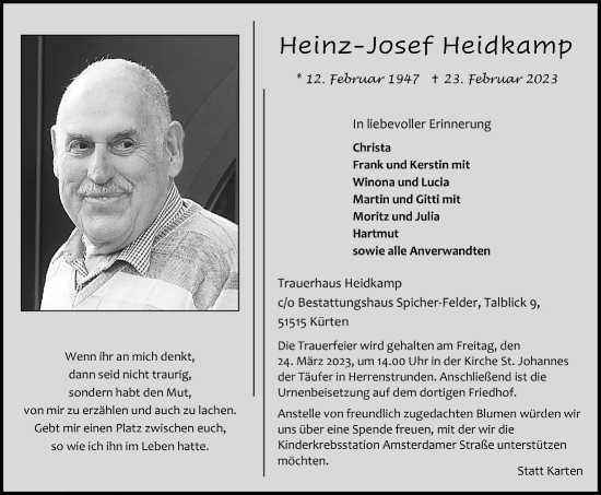 Anzeige von Heinz-Josef Heidkamp von  Bergisches Handelsblatt 