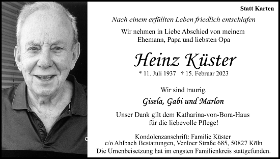 Anzeige von Heinz Küster von Kölner Stadt-Anzeiger / Kölnische Rundschau / Express