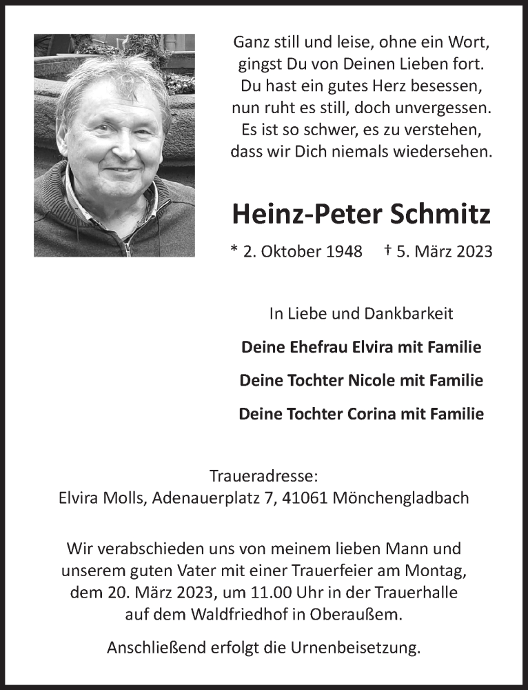  Traueranzeige für Heinz-Peter Schmitz vom 17.03.2023 aus  Werbepost 