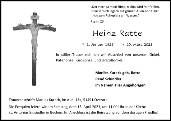 Anzeige von Heinz Ratte von Kölner Stadt-Anzeiger / Kölnische Rundschau / Express