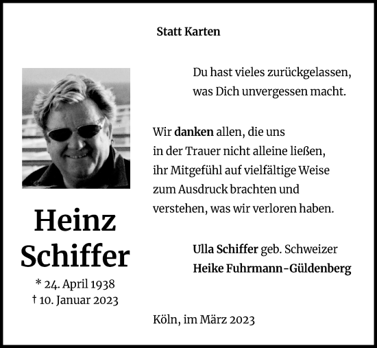 Anzeige von Heinz Schiffer von Kölner Stadt-Anzeiger / Kölnische Rundschau / Express