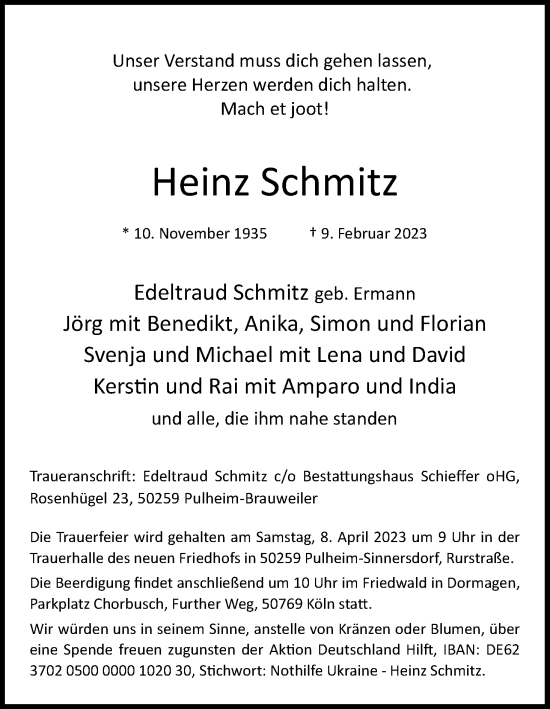 Anzeige von Heinz Schmitz von Kölner Stadt-Anzeiger / Kölnische Rundschau / Express
